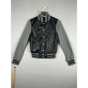 Boy Meets Girl Varsity Jacket Juniors Small Black Faux Leather Gray Sleeve